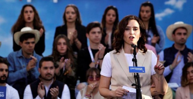 La candidata del PP a la Comunidad de Madrid, Isabel Díaz Ayuso, interviene en un acto electoral. - EFE