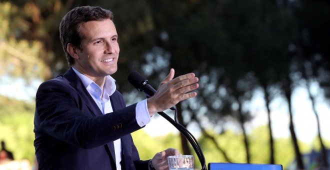 24/05/2019.- El líder del PP, Pablo Casado, interviene este viernes en el acto de cierre de campaña celebrado en Puente del Rey (Madrid). EFE/ J.J Guillén