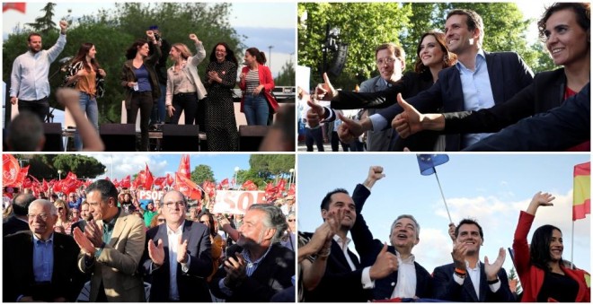 24/05/2019 - PP, PSOE, Ciudadanos y Unidas Podemos durante los actos del cierre de campaña para las elecciones del 26M. / EFE