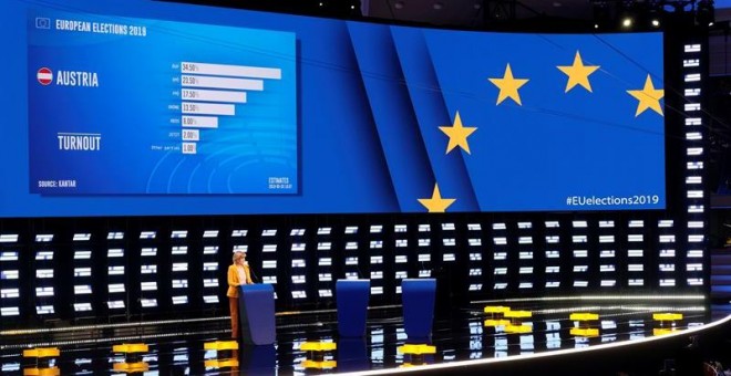 26/05/2019.- Primeras proyecciones de los resultados durante las elecciones europeas en el Parlamento Europeo, en Bruselas, Bélgica. EFE