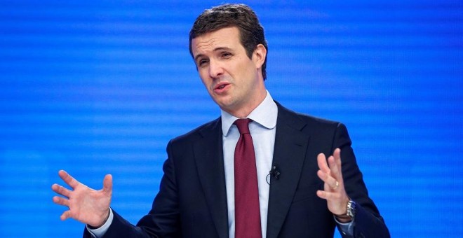 27/05/2019.- El presidente nacional del PP, Pablo Casado, durante la rueda de prensa posterior a la reunión del Comité Ejecutivo Nacional celebrada este lunes en la sede del partido, en Madrid. EFE/Emilio Naranjo