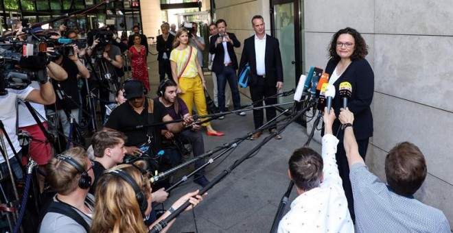 La líder del Partido Socialdemócrata Alemán (SPD), Andrea Nahles, en la rueda de prensa en la que anunció su dimisión.  EFE