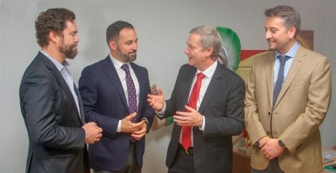 24/06/2019 - El presidente de Vox, Santiago Abascal, y su portavoz parlamentario, Iván Espinosa de los Monteros, en una reunión con el líder del Partido Republicano de Chile, José Antonio Kast. / EUROPA PRESS - VOX