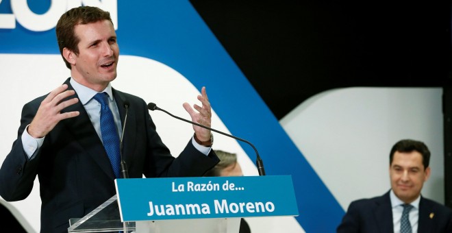 25/06/2019.- El presidente del PP, Pablo Casado (i), interviene en la presentación del presidente de la Junta de Andalucía, Juanma Moreno (d), durante un encuentro hoy en La Razón, en Madrid. EFE/ Mariscal