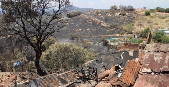 Zona afectada por el incendio que desde el pasado viernes afecta a la zona toledana de Almorox y a las localidades madrileñas de Cadalso de los Vidrios y Cenicientos. EFE