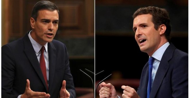 22/07/2019.-El presdente del Gobierno en funciones, Pedro Sánchez,iz., y el presidente del Partido Popular,Pablo Casado,d., durante sus intervenciónes en la primera jornada del debate de investidura que afronta el líder socialista y que puede desembocar