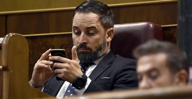 El líder de Vox, Santiago Abascal, durante su intervención. AFP/Óscar del Pozo