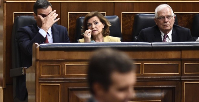 Pedro Sánchez durante el debate de Pablo Casado. AFP/Óscar del Pozo