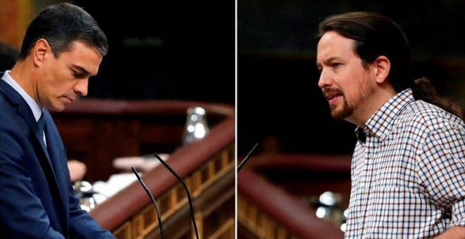 El presidente del Gobierno en funciones y candidato socialista a la presidencia del Gobierno, y el lider de Unidas Podemos, Pablo Iglesias. (EFE)