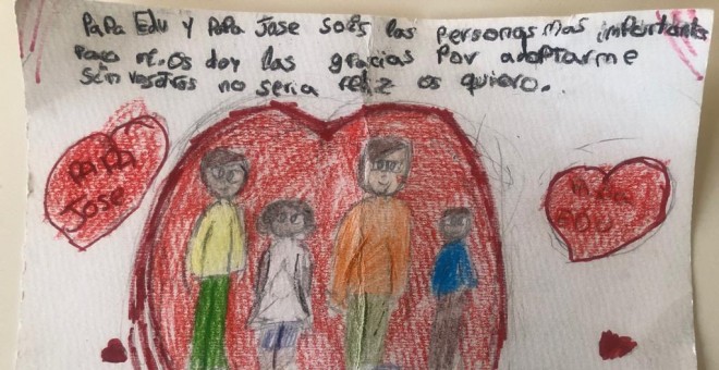 Dibujo realizado por los hijos de Eduardo Aguayo, en el que agradecen a sus padres haberles adoptado.