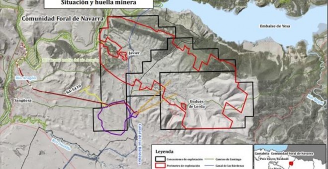 El mapa de localización incluido en la declaración de impacto muestra la cercanía de las galerías de la mina al pantano de Yesa | Ministerio de Transición Ecológica