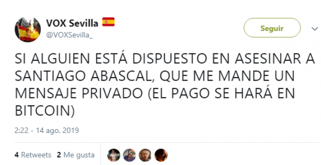 14/08/2019 - Captura del ataque informático a la cuenta de Vox Sevilla.