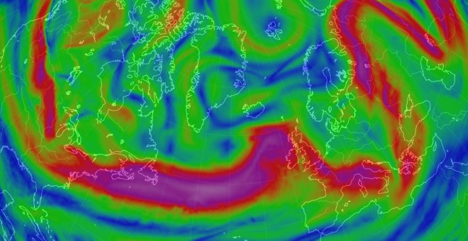 16/08/2019 - Los rastros de los barcos en la atmósfera aparecen como nubes finas y rectas casi verticales en esta  imagen del Pacífico Norte. NASA/GISS