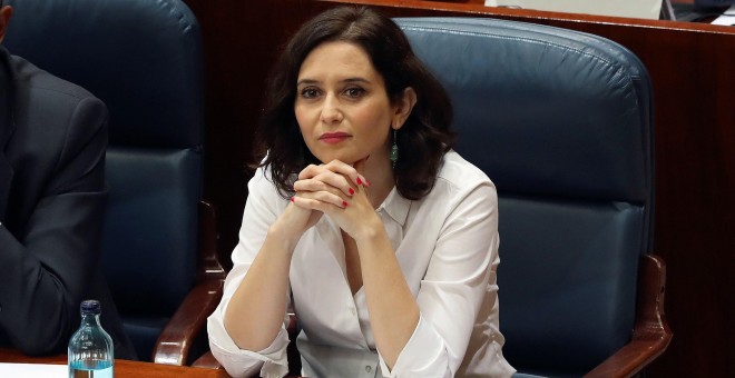 Isabel Díaz Ayuso, presidenta de la Comunidad de Madrid, durante el debate de investidura en la Asamblea de Madrid. EFE/ J.J. Guillén