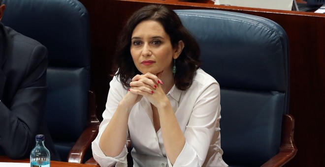 Isabel Díaz Ayuso, presidenta de la Comunidad de Madrid, durante el debate de investidura en la Asamblea de Madrid. EFE/ J.J. Guillén