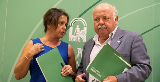 El consejero de Salud y Familias de la Junta de Andalucía, Jesús Aguirre(d) y la viceconsejera de su departamento, Catalina García Carrasco.-EFE