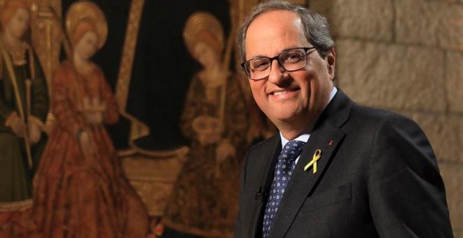 Fotografía facilitada por la Generalitat de su presidente, Quim Torra, durante el discurso institucional de la Diada del 11 de Septiembre. - EFE