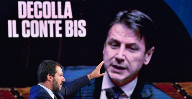 Matteo Salvini, en el programa 'Porta a porta', dirigido por el periodista Bruno Vespa, en Roma.- EFE