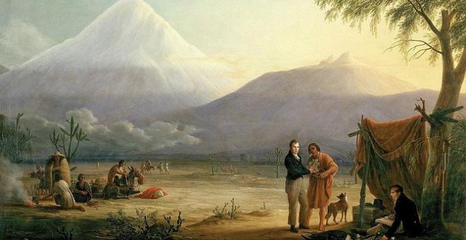 Alexander von Humboldt y Aimé Bonpland al pie del volcán del Chimborazo en Ecuadro. / Cuadro de Friedrich Georg Weitsch (1810)