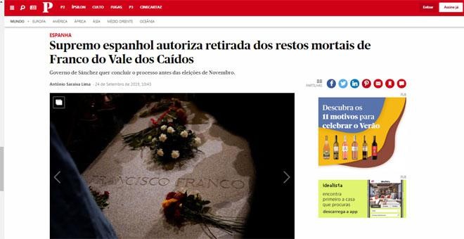 24-09-2019.- 'Público' (Portugal): 'El Supremo español autoriza la exhumación de los restos de Franco del Valle de los Caídos'