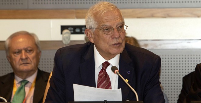 El ministro español de Asuntos Exteriores en funciones, Josep Borrell, habla durante la reunión ministerial del Grupo de Amigos de las Víctimas del Terrorismo en la sede de las Naciones Unidas (ONU).  EFE/ Miguel Rajmil