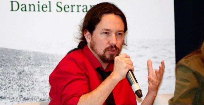 25/09/2019.- El líder de Podemos, Pablo Iglesias, durante la presentación del libro 'Cal Viva' de Daniel Serrano, este miércoles en Madrid. EFE/ JAVIER LÓPEZ