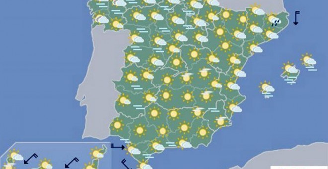 La Agencia Estatal de Meteorología (Aemet) prevé para este sábado, ambiente seco y soleado en casi toda España, salvo algún chubasco aislado en el área cantábrica y Pirineos, y temperaturas que se mantienen en valores altos para la época del año.