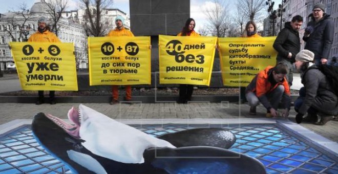 Activistas de la organización ecologista Greenpeace participan en Moscú (Rusia) en una protesta para pedir la liberación de casi un centenar de orcas y belugas que se encuentran en la mayor cárcel de ballenas del mundo, el mar de Ojotsk en Moscú (Rusia).