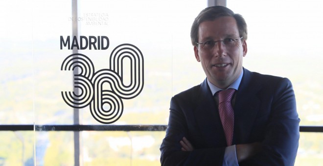 Martínez Almeida posa ufano ante el logo de Madrid 360, su plan anticontaminación./ EFE