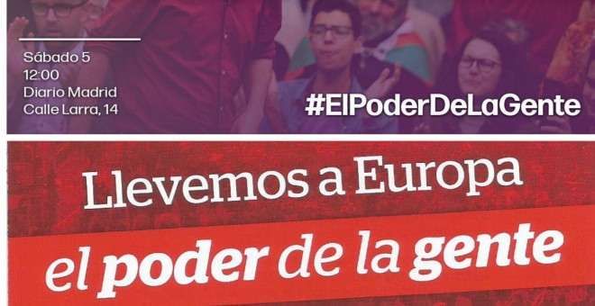 Comparacion de carteles de Podemos e Izquierda Unida, con el mismo eslogan: el poder de la gente.
