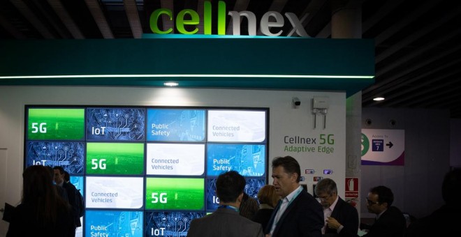 Estand de Cellnex en el recinto ferial del Mobile World Congress de Barcelona (MWC 2019). E.P./David Zorrakino