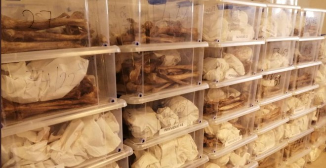 Los restos de 247 víctimas del franquismo en un almacén de la ARMH.- PÚBLICO