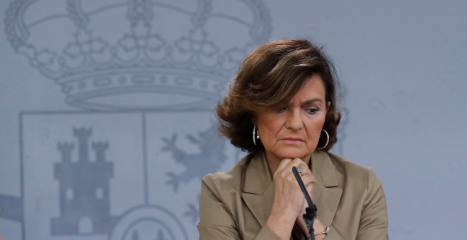 La vicepresidenta del Gobierno en funciones, Carmen Calvo, en la rueda de prensa tras la reunión del Consejo de Ministros en el palacio de La Moncloa en Madrid. EFE/ Juan Carlos Hidalgo