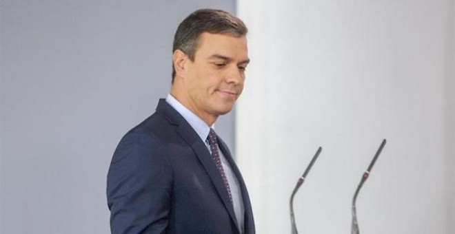 El presidente del Gobierno en funciones, Pedro Sánchez, durante su comparecencia en el Palacio de la Moncloa. - EUROPA PRESS