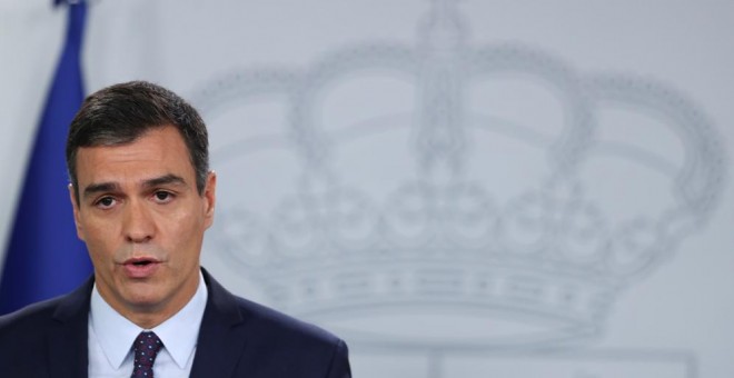 El presidente del Gobierno en funciones, Pedro Sánchez, durante su comparecencia en el Palacio de la Moncloa, para valorar la sentencia del 'procés'. REUTERS/Sergio Perez