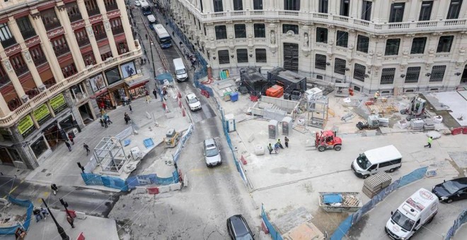 Vista general de las obras de rehabilitación del llamado Proyecto Canalejas, obra de ingeniería y arquitectura comenzada en 2013, en la plaza de Canalejas de Madrid, cerca de la Puerta del Sol. E.P./Jesús Hellín