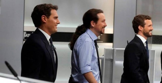 Los líderes de Ciudadanos, Albert Rivera, Unidas Podemos, Pablo Iglesias y del PP, Pablo Casado, momentos antes del inicio del único debate electoral. (JUAN CARLOS HIDALGO | EFE)