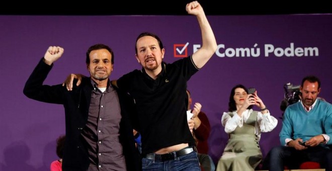 El candidat d'Unidas Podemos a la Moncloa, Pablo Iglesias, participa aquest dimecres del mitin central de campanya dels comuns a Barcelona, al costat de l'alcaldessa de la ciutat, Ada Colau, i amb el cap de llista d'En Comú Podem al Congrés, Jaume Asens.