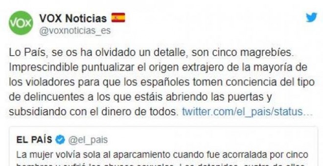 Captura del tuit publicado por Vox en el que atribuía a 'magrebíes' un abuso sexual grupal cuyos presuntos autores son españoles.