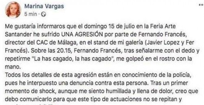 Captura de la denuncia de Marina Vargas en Facebook.