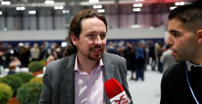 El líder de Unidas Podemos, Pablo Iglesias, en declaraciones a los medios al inicio de la COP25 que se inicia este lunes en Ifema en Madrid. EFE