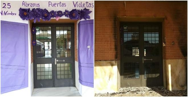 Mural del IES Antonio de Ulloa antes y después de ser quemado. / Twitter de Consejería Educación y Deporte