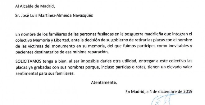 Carta de familiares de víctimas de la dictadura franquista en Madrid.- MEMORIA Y LIBERTAD