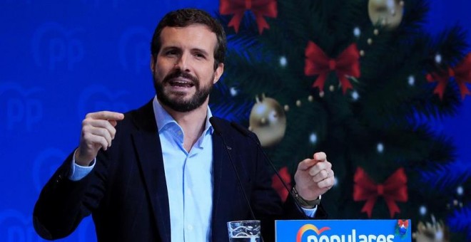 MADRID, 14/12/2019.- El presidente del PP, Pablo Casado, interviene durante la comida de Navidad del PP de Madrid, a la que han asistido entre otros la presidenta de la Comunidad de Madrid, Isabel Díaz Ayuso, y el alcalde de la capital, José Luis Martínez