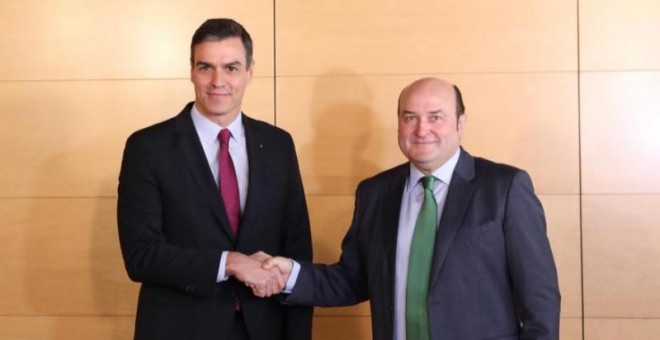 Pedro Sánchez y Andoni Ortúzar, durante la firma en el Congreso | Foto: PSOE