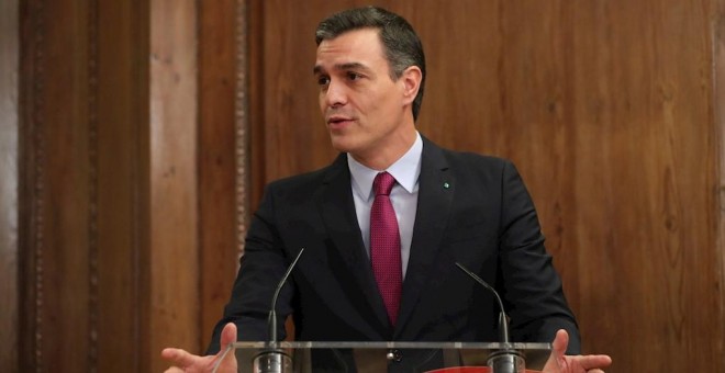 30/12/2019.- El candidato a la investidura, Pedro Sánchez, pronuncia unas palabras durante el acto de firma del acuerdo programático con Unidas Podemos. / EFE - JUANJO MARTÍN