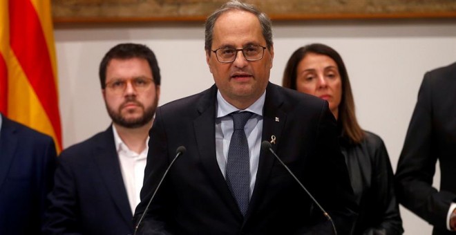 GRAF6409 BARCELONA.3/1/2020.- El presidente de la Generalitat de Cataluña, Quim Torra, durante su comparecencia ante los medios tras la reunión extraordinaria del ejecutivo catalán después de que Junta Electoral Central haya acordado este viernes ordenar