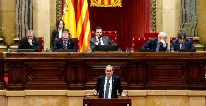 El president de la Generalitat de Catalunya intervé en la sessió extraordinària del Parlament de Catalunya. EFE / Quique García