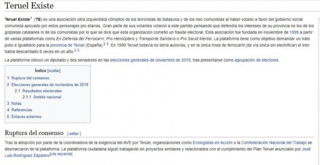 07/01/2020 - Manipulan la entrada de Teruel Existe en Wikipedia. / CAPTURA