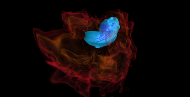 Simulación del evento GW190425, la fusión de un sistema binario de objetos compactos con una masa total de alrededor 3,4 masas solares. / LIGO-Virgo